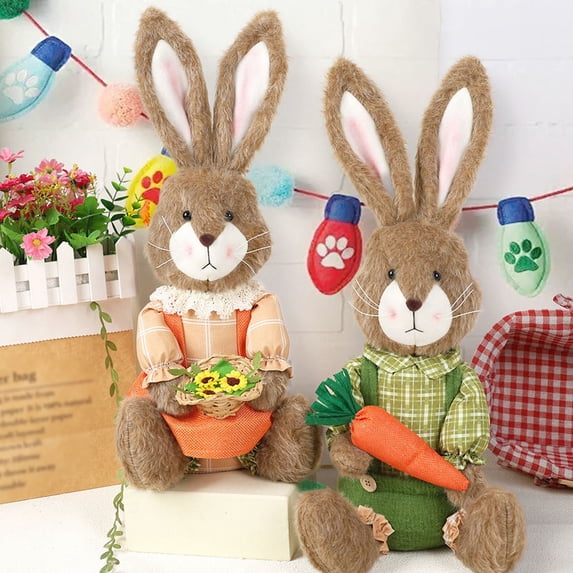 AZXY Easter Bunny Decorations, 17.9" Easter Stuffed Animals, Plush Rabbit Doll in Orange Dress with Basket, Cute Tabletop Decor for Home Office Party, Festive Holiday Gift for Kids & Spring Decor