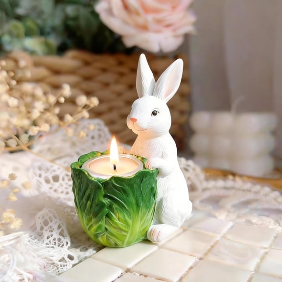 AZXY Easter Bunny Decorations, 3.15" Resin Rabbit Figurine with Cabbage Tealight Holder, Cute Tabletop Candle Holder for Home Office Indoor Party, Festive Holiday Gift for Spring Decor