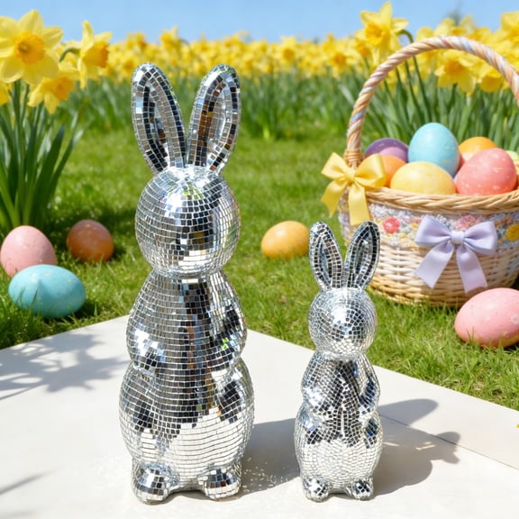 AZXY Easter Bunny Decorations, Disco Ball Style Mirrored Foam Rabbit Figurine, Sparkly Tabletop Decor for Home Office Indoor Party, Festive Holiday Gift for Kids & Spring Decor