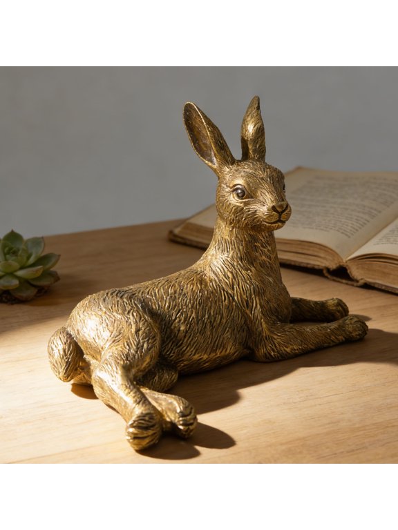 Easter Bunny Decorations, Resin Lying Hare Figurine with Bronze Finish, Lifelike Tabletop Decor for Home Office Indoor Party, Festive Holiday Ornament Gift for Spring Decor
