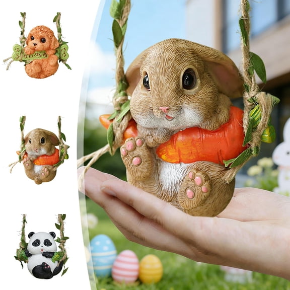 AZXY Easter Bunny Decorations, Resin Rabbit Swing Figurine with Carrot & Vines, Hanging Tabletop Decor for Home Office Indoor Outdoor Patio, Festive Holiday Ornament Gift for Spring Decor