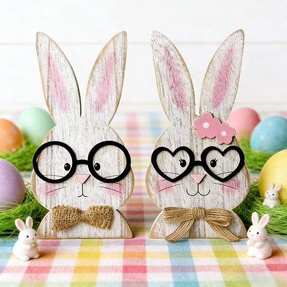 AZXY Easter Bunny Decorations, Set of 2 White Washed Wooden Rabbit Signs with Glasses & Burlap Bows, Rustic Tabletop Decor for Home Office Indoor Party, Festive Holiday Ornament Gift for Spring Decor