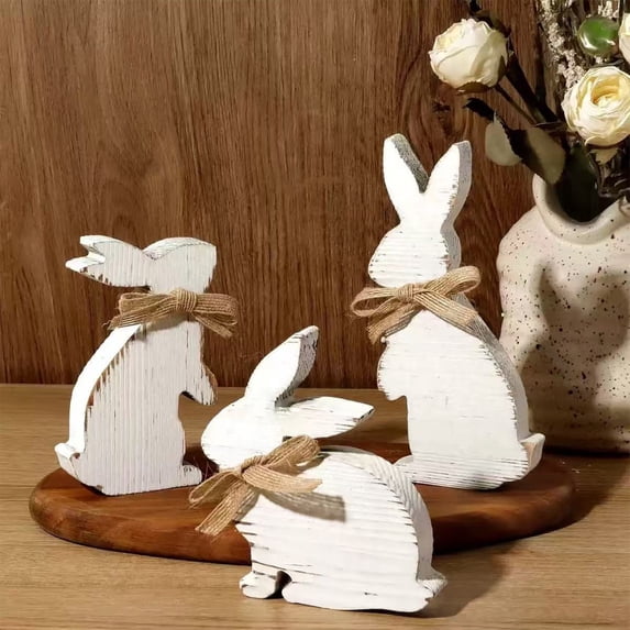AZXY Easter Bunny Decorations, Set of 3 White Washed Wooden Rabbit Figurines with Burlap Bows, Rustic Tabletop Decor for Home Office Indoor Party, Festive Holiday Ornament Gift for Spring Decor