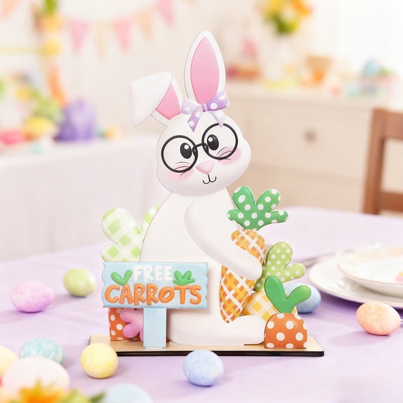 AZXY Easter Bunny Decorations, Wooden Bunny Figurine Holding "FREE CARROTS" Sign, Cute Tabletop Decor for Home Office Indoor Party, Festive Holiday Ornament Gift for Spring Decor