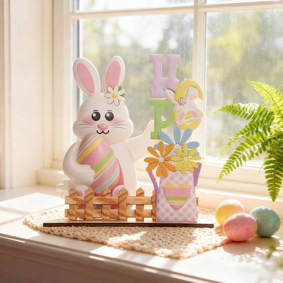AZXY Easter Bunny Decorations, Wooden "Happy Easter" Bunny Figurine with Floral Accents, Cute Tabletop Decor for Home Office Indoor Party, Festive Holiday Ornament Gift for Spring Decor