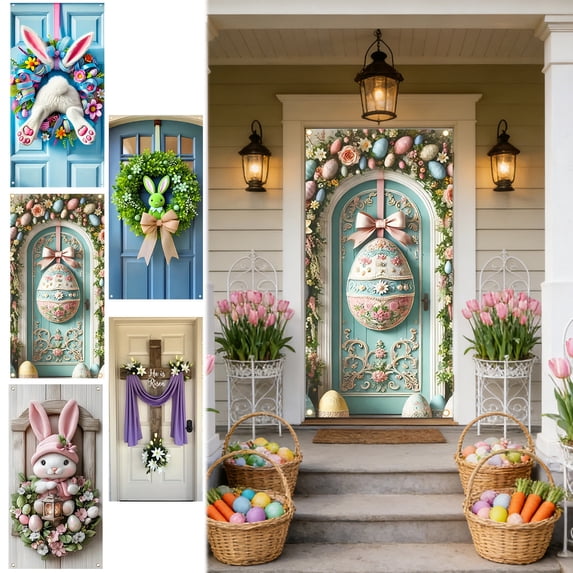 AZXY Easter Bunny Door Cover 71x35 Inch, Pink Bunny with Lantern on Floral Wreath Door Banner Backdrop, Spring Front Door Decorations for Outdoor Porch Farmhouse Easter Party Wall Home Decor
