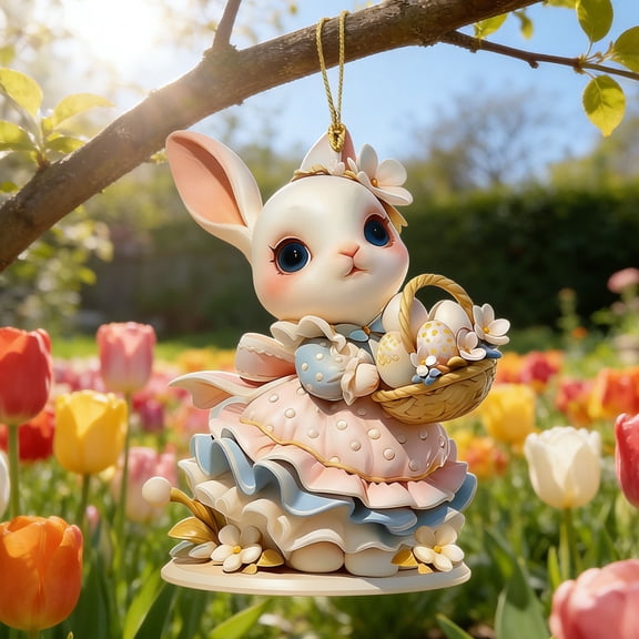 AZXY Easter Bunny Ornament, 3.14" Acrylic Window Hanging Decor, Bunny with Floral Accents & Easter Egg Basket for Easter Tree & Home Spring Party Supplies Indoor Outdoor