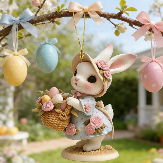 AZXY Easter Bunny Ornament, 3.14" Acrylic Window Hanging Decor, Bunny with Floral Hat & Easter Egg Basket for Easter Tree & Home Spring Party Supplies Indoor Outdoor