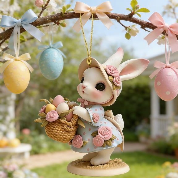 AZXY Easter Bunny Ornament, 3.14" Acrylic Window Hanging Decor, Bunny with Floral Hat & Easter Egg Basket for Easter Tree & Home Spring Party Supplies Indoor Outdoor