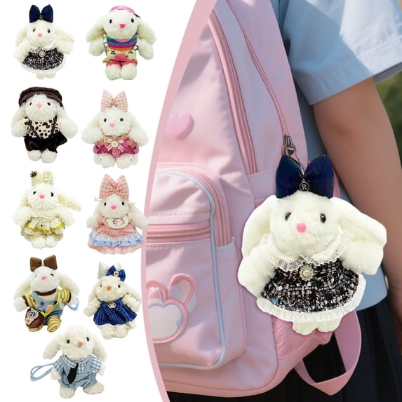 AZXY Easter Bunny Plush Ornament, 7.5" White Rabbit with Plaid Shirt & Overalls Keychain, Easter Stuffed Animals, Perfect for Backpack, Easter Tree, Party & Home Decor, Ideal Easter Gifts for Kids