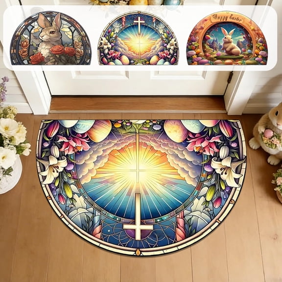 AZXY Easter Bunny Rug 23.6"x15.8", Stained Glass Rose Floral Non-Slip Stain-Resistant Entryway Doormat, Washable Indoor Outdoor Area Rug for Bedroom Living Room Kitchen Easter Decorations