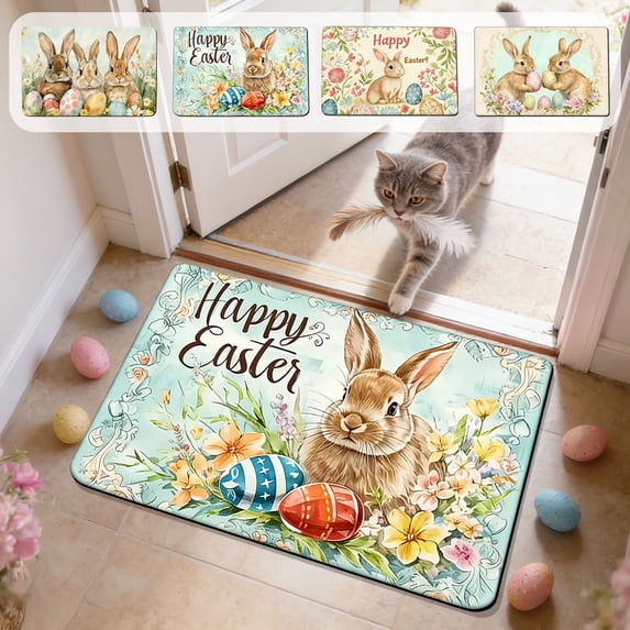 AZXY Easter Bunny Rug 23.6"x15.8", Watercolor Floral Egg Non-Slip Stain-Resistant Entryway Doormat, Washable Indoor Outdoor Area Rug for Bedroom Living Room Kitchen Easter Decorations and Bath Mats