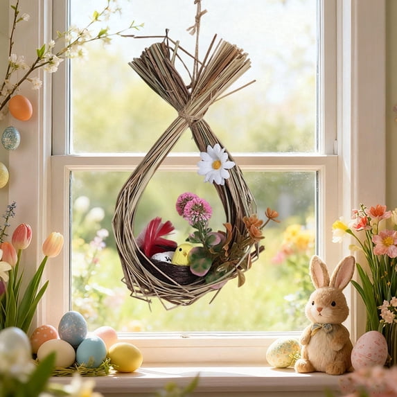 AZXY Easter Bunny Shaped Rattan Wreath Decoration, 9.84 Inch Colorful Spring Door Hanging with Eggs and Leaves for Easter Party and Holiday Home Decor