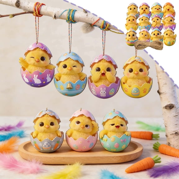 AZXY Easter Chick Ornaments for Tree, 12Pcs 2D Flat Miniature Easter Hanging Decorations, Small Chick in Cracked Egg Ornaments for Small Tree, Easter Party & Home Indoor Outdoor Decor