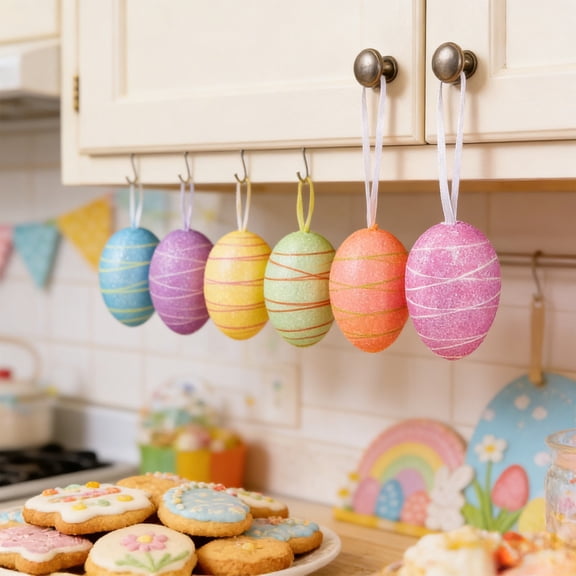AZXY Easter Decorations, Set of 6 Glitter Foam Easter Eggs with Hanging Loops, Colorful Ornaments for Home Office Indoor Party, Festive Holiday Gift for Kids & Spring Decor