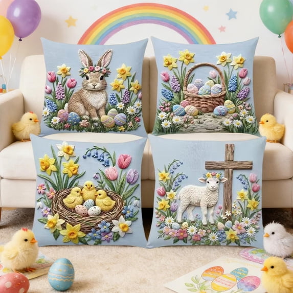 AZXY Easter Decorative Throw Pillow Covers 18x18 Set of 4, Soft Flock Fabric Square Pillow Case, Farmhouse Outdoor Pillow Cover for Couch Sofa Bed Car Spring Easter Home Decor