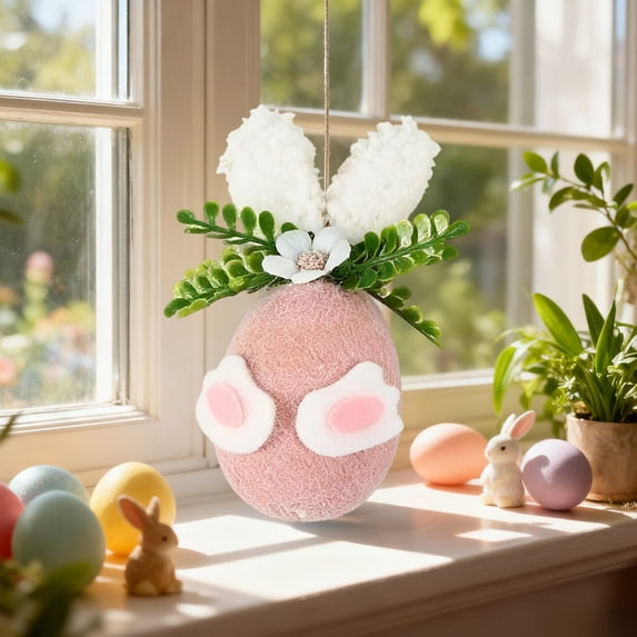 AZXY Easter Egg Bunny Ornament, Fuzzy Pink Plastic Easter Hanging Decoration, Bunny Egg with Ears & Floral Accents for Tree, Easter Party & Home Indoor Outdoor Decor