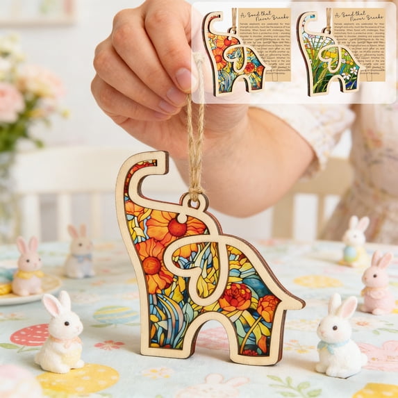 AZXY Easter Elephant Ornaments, 4.3" Wooden Stained Glass Style Hanging Decor with Wildflower Design, A Bond That Never Breaks Friendship Gift for Easter Tree & Home