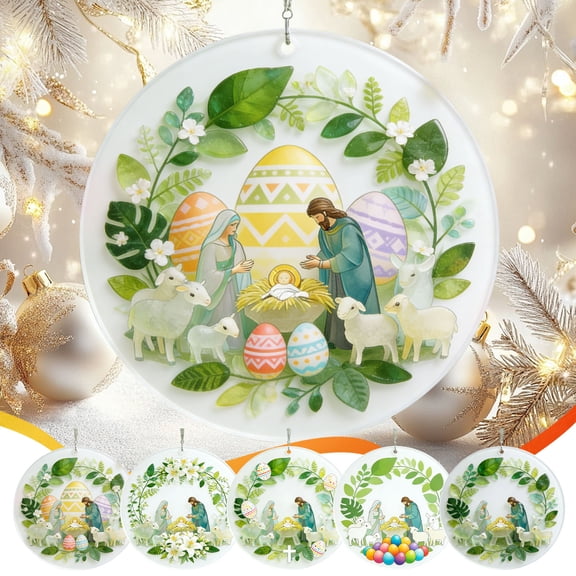 AZXY Easter Jesus Ornament, 3.15Inch Plastic Hanging Decor with Holy Family & Green Leaf Wreath, Perfect for Easter Tree, Home Indoor Outdoor Decor & Religious Easter Gifts