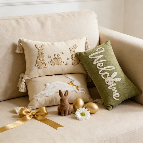 AZXY Easter Lumbar Throw Pillow Cover 12x20, Decorative Bunny Tufted Embroidered Pillowcase, Soft Polyester Farmhouse Pillow Cover for Couch Sofa Living Room Bedroom Spring Easter Home Decor