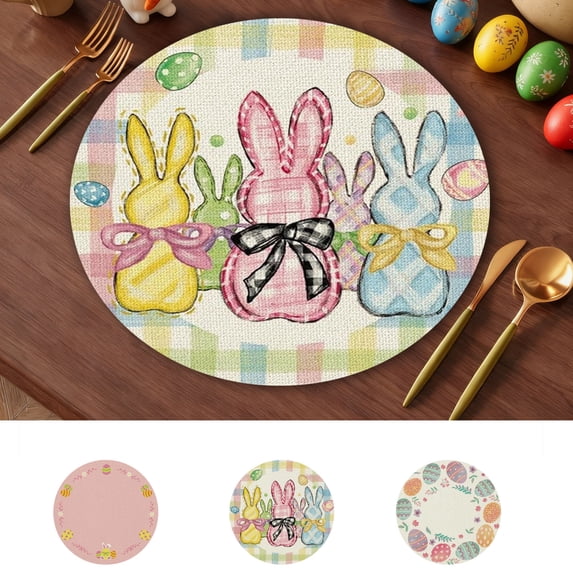 AZXY Easter Placemats, 14.57 Inch Round Pastel Bunny Trio with Bows & Easter Eggs on Gingham Print Polyester Fiber Washable Heat Resistant Table Mats for Spring Kitchen Dining Decor