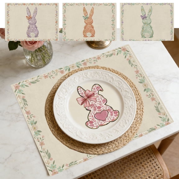 AZXY Easter Placemats, 16.5x12.5 Inch Watercolor Terracotta Swirl Bunny with Bow & Floral Border Polyester Fiber Washable Heat Resistant Table Mats for Spring Kitchen Dining Decor