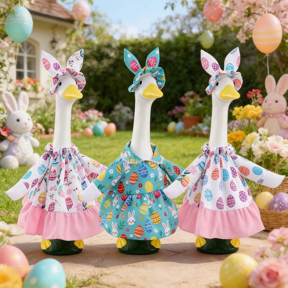 AZXY Easter Porch Goose Outfit for 23" Cement Concrete Statue, Easter Egg Dress with Pink Ruffle & Bow Headband, Front Porch Goose Clothes for Outdoor Patio Lawn Garden Decor