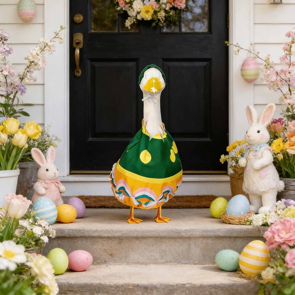 AZXY Easter Porch Goose Outfit for 23" Cement Concrete Statue, Easter Egg-Shaped Goose Costume with Green Hat, Front Porch Goose Clothes for Outdoor Patio Lawn Garden Decor