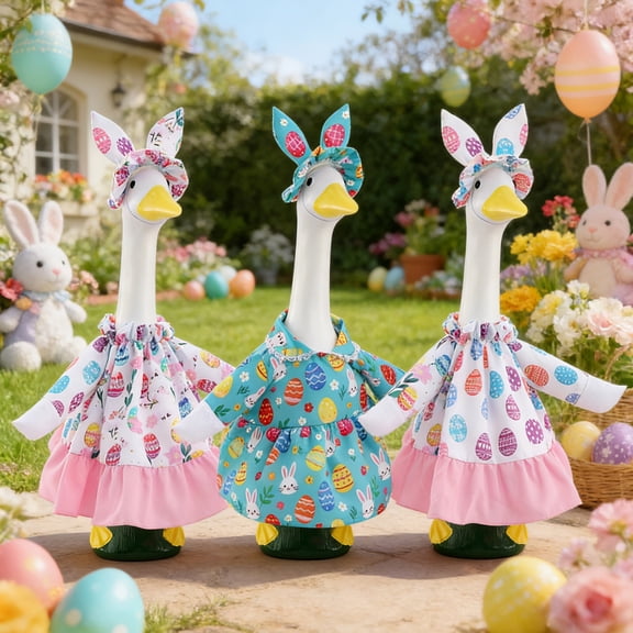 AZXY Easter Porch Goose Outfit for 23" Cement Concrete Statue, Floral Easter Egg Dress with Pink Ruffle & Bow Headband, Front Porch Goose Clothes for Outdoor Patio Lawn Garden Decor