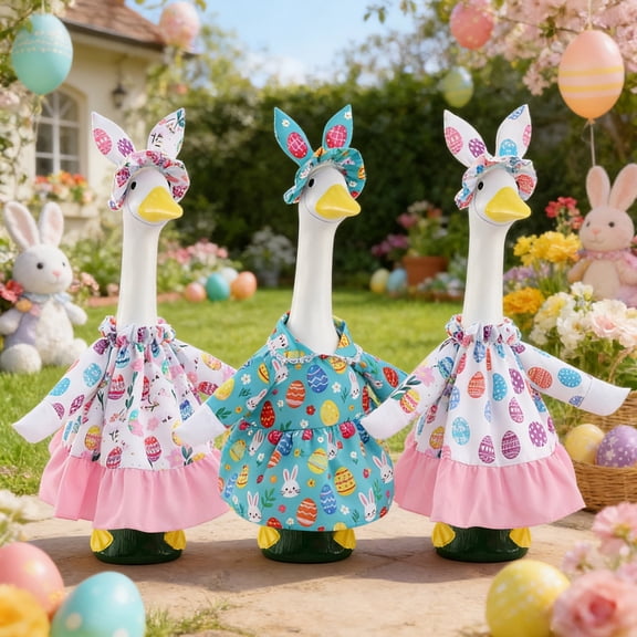 AZXY Easter Porch Goose Outfit for 23" Cement Concrete Statue, Floral Easter Egg Dress with Pink Ruffle & Bow Headband, Front Porch Goose Clothes for Outdoor Patio Lawn Garden Decor