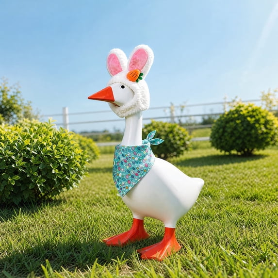 AZXY Easter Porch Goose Outfit, Plush Fuzzy Bunny Ear Hat with Carrot Decoration Set,Goose Costume for 23 Inch Cement Plastic Lawn Goose Statue, Easter Spring Decor, Outdoor Yard Garden Home Decor