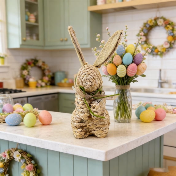 AZXY Easter Straw Woven Bunny Figurine, 11.02" Handmade Natural Rattan Rabbit Decor with Burlap Ears, Festive Spring Tabletop Ornament for Home, Office & Party Indoor Outdoor