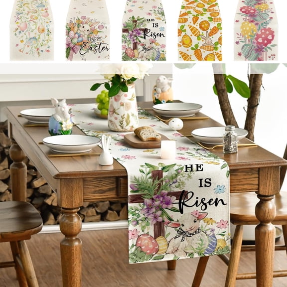 AZXY Easter Table Runner 13"x48" Linen He Is Risen Table Runner with Lamb Bunny Eggs Floral Cross Design, Spring Easter Table Decorations for Home Kitchen Dining Coffee Table Easter Party Decor