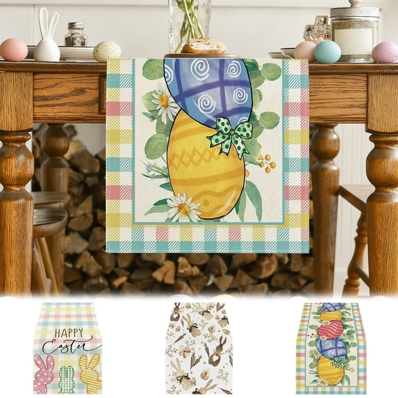AZXY Easter Table Runner 13"x87" Table Runner with Happy Easter Bunny Silhouette Pastel Plaid Check Design, Spring Easter Table Decorations for Home Kitchen Dining Coffee Table Easter Party Decor