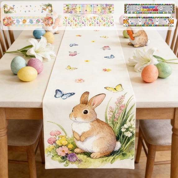 AZXY Easter Table Runner 14"x72" Table Runner with Watercolor Bunny Butterfly Floral Design, Spring Easter Table Decorations for Home Kitchen Dining Coffee Table Easter Party Decor