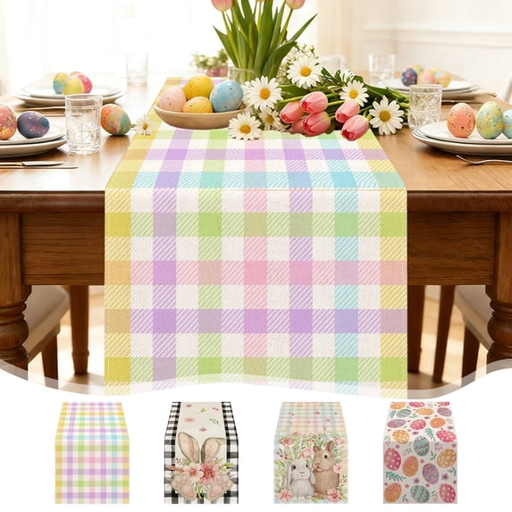 AZXY Easter Table Runner 72 Inches Long Linen Table Runner with Pastel Rainbow Buffalo Plaid Check Design, Spring Easter Table Decorations for Home Kitchen Dining Coffee Table Easter Party Decor