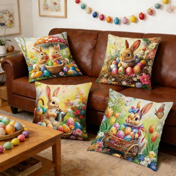 AZXY Easter Throw Pillow Covers 18x18 Set of 4, Bunny & Egg Decorative Pillowcases, Soft Flock Fabric Pillow Covers for Couch Sofa Living Room Bedroom Spring Easter Home Decor