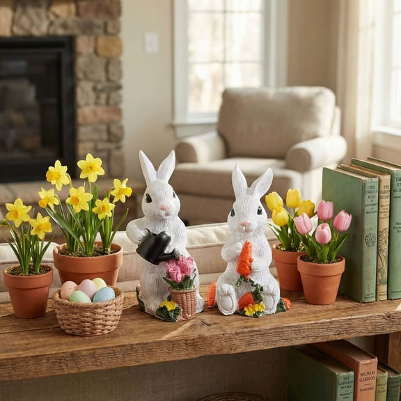 AZXY Easter Watering Carrot Bunny Figurine Set of 2, 3.15" Resin Rabbit Ornaments, Cute Bunny with Carrot & Watering Can Tabletop Decor for Home, Garden & Spring Party Supplies Indoor Outdoor