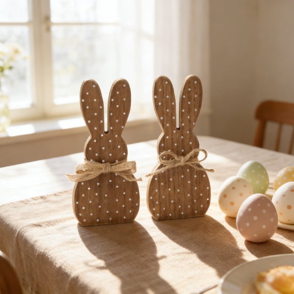 AZXY Easter Wooden Bunny Decor, 6.69" Rustic Polka Dot Rabbit Tabletop Ornament with Jute Bow, Festive Spring Decor for Home, Office & Party Indoor Outdoor