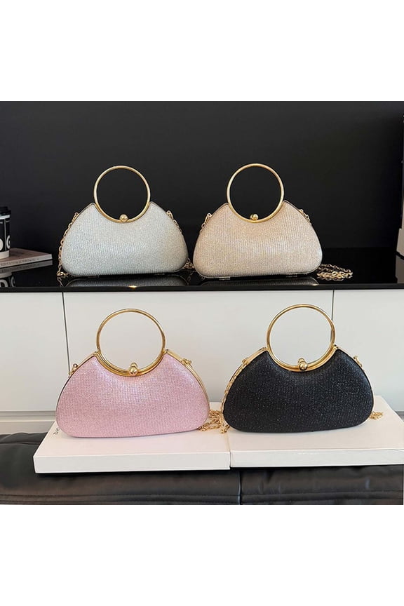 Evening Clutch Bag for Women, Gold Shimmering Glitter Handbag with Metal Ring Handle, Elegant Chain Crossbody Purse for Party Wedding Prom Formal Events