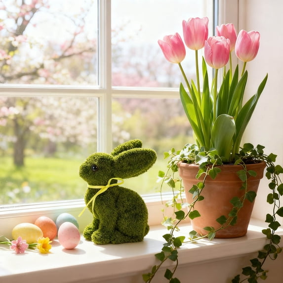 AZXY Flocked Easter Bunny Decoration, Lifelike Green Rabbit Figurine, Charming Spring Home Decor & Thoughtful Gift for Shelf, Tabletop and Garden Styling