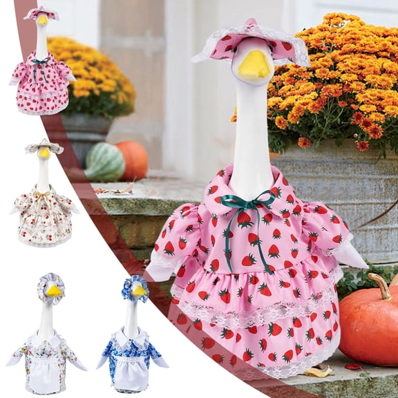 AZXY Floral Porch Goose Outfit for 23" Cement Concrete Statue, Blue Vintage Floral Dress with Ruffled Headband, Front Porch Goose Clothes for Outdoor Patio Lawn Garden Decor for Easter