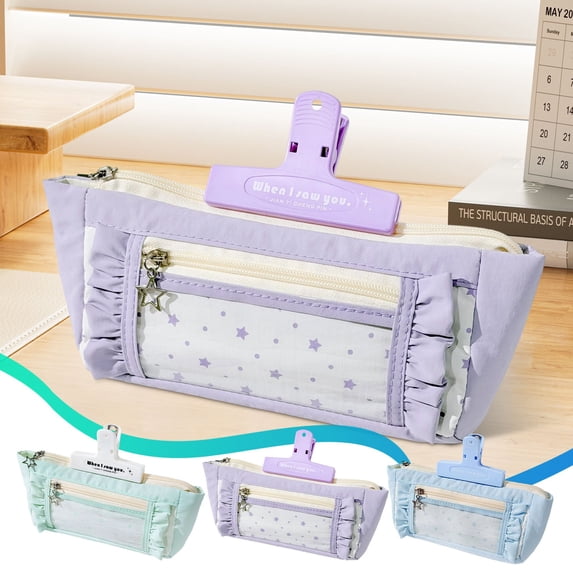 AZXY Frilled Star Print Transparent Window Fabric Pen Pouch, Large ...