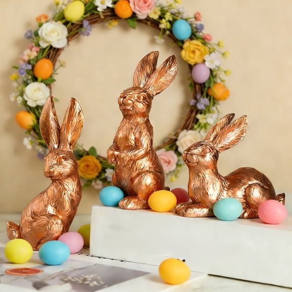 AZXY Golden Resin Easter Bunny Decor, 5.12" Sitting Rabbit Figurine, Metallic Gold Tabletop & Garden Ornament for Spring & Easter Party