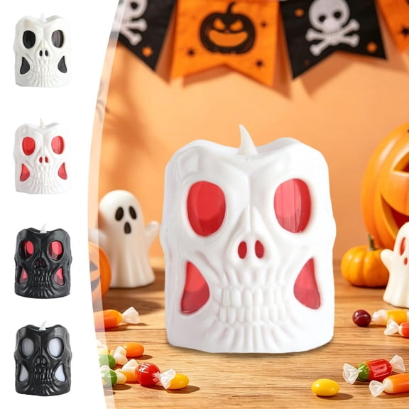 AZXY Gothic Halloween Decor, Hollow Skull LED Flickering Fake Flame Plastic Candle Tabletop Lamp Ornament for Indoor Home Party Bedroom Window