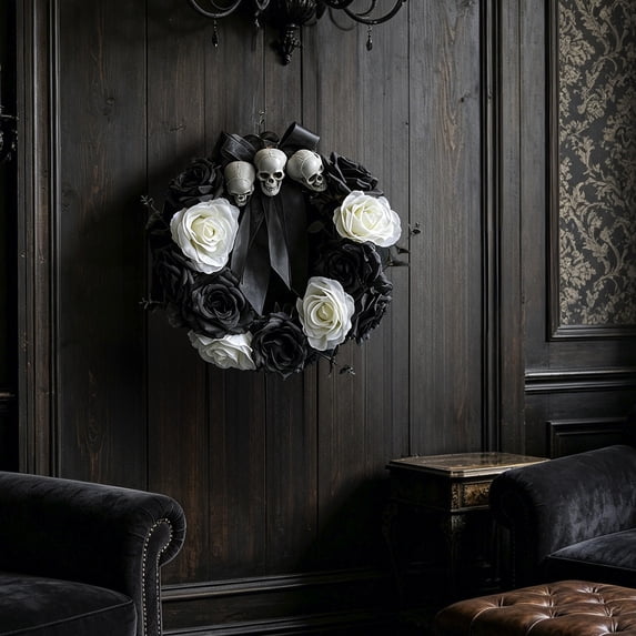 AZXY Gothic Halloween Front Door Wreath, Black White Rose Skull Wreath with Satin Bow, Indoor Outdoor Spooky Halloween Decor for Window Mantel Home Party