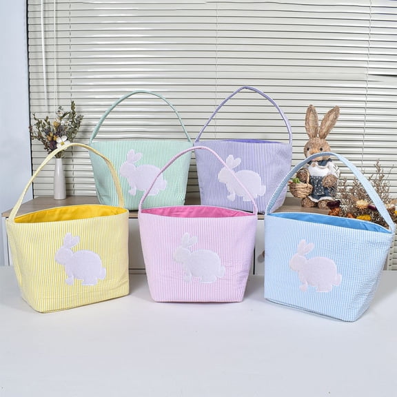 AZXY Green Bunny Easter Basket with Handle, 8.66"x8.27" Striped Fabric Easter Tote, Empty Easter Gift Egg Hunt Basket for Kids, Reusable Storage for Candy, Eggs & Spring Gifts
