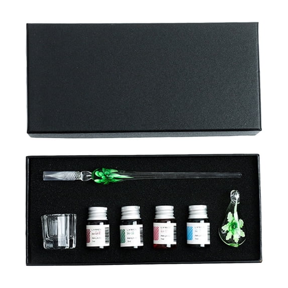AZXY Green Flower Glass Dip Pen Set, Nature-Inspired Writing Kit with Inks, Pen Rest & Cleaning Cup, Crystal Glass Pen for Journaling, Art Writing & Gifting