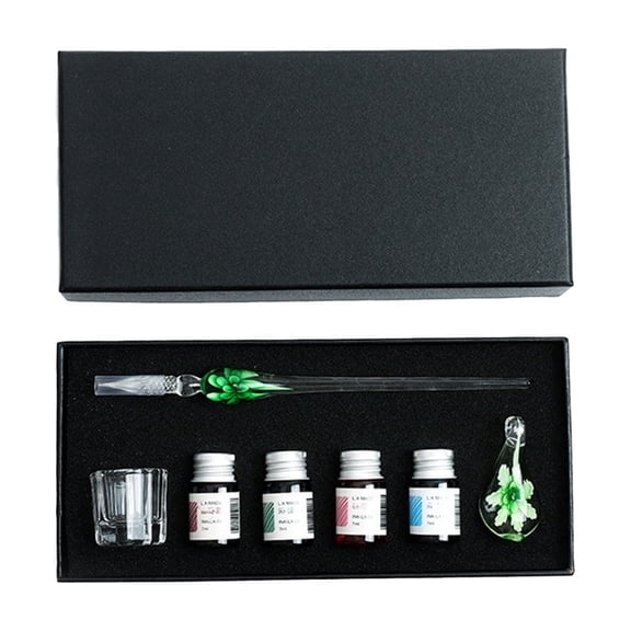AZXY Green Flower Glass Dip Pen Set, Nature-Inspired Writing Kit with Inks, Pen Rest & Cleaning Cup, Crystal Glass Pen for Journaling, Art Writing & Gifting