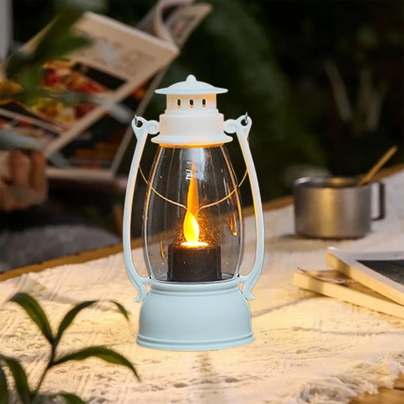 AZXY Halloween Decor Portable Lantern Lights, White Plastic Retro Swing Wind Lamp, Button Powered Simulated Flame LED Light Prop for Mantel Window Halloween Home Scene Display